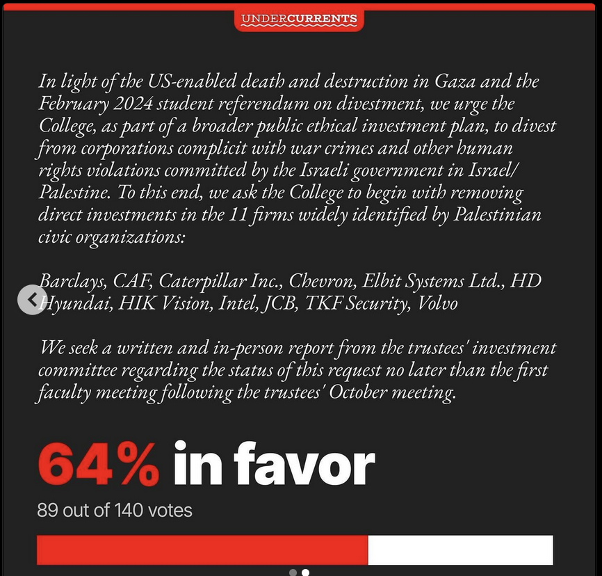 another_adams's tweet photo. @pomonacollege ($2.8 billion endowment), the second U.S. institution (after Brown) to arrest students, also dismissed a student referendum for divestment. Today the faculty voted overwhelmingly to validate the student referendum and to demand a specific first step in divestment. https://t.co/gLJgUbNEky