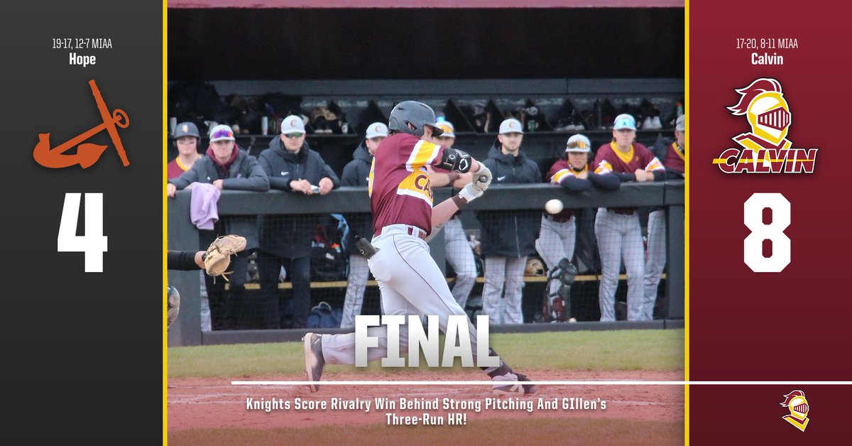 Final - @CalvinBaseball scores a rivalry win at Hope by the final of 8-4 to open the weekend series! Nolan Coil and Matt Reynolds pitched the nine innings while Patrick Gillen went 3-6 with a 3-run Home Run to lead the offense! #GoCalvin