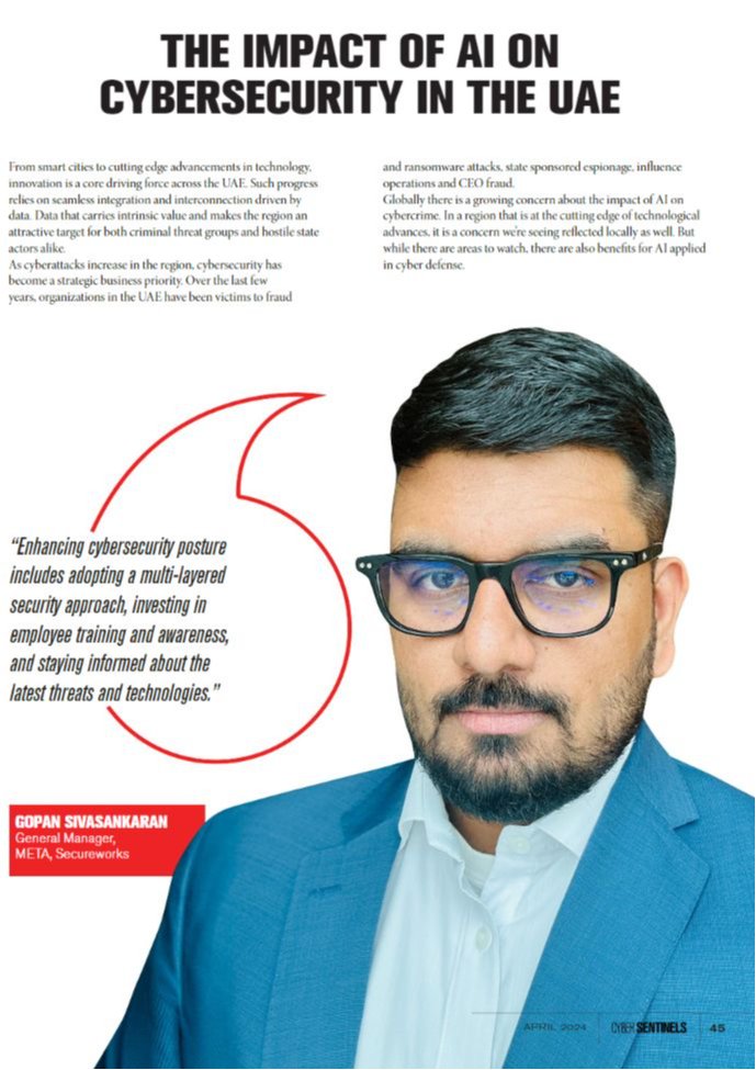 🚨 Exciting News! 🚨 The latest issue of Cyber Sentinels has just dropped for April 2024! ICheck out page 44 for a deep dive with Gopan Sivasankaran, of Secureworks, as he shares insights on the transformative effects of AI on Cyber Security: bit.ly/4drhdMD