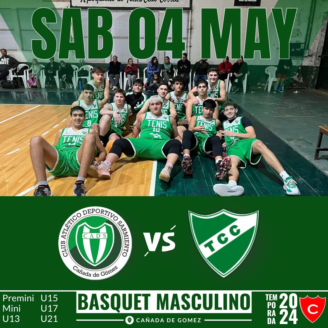 🏀BASQUET FORMATIVO🏀 

👉🏼El próximo sábado 04/05 el Basquet Formativo Masculino del Tenis visita a Sarmiento en Cañada de Gómez para disputar una nueva fecha de la ACB🏆 

🕚 La tira de partidos se larga a las 10:00hs con la categoría escuelita, posteriormente jugarán las demás.