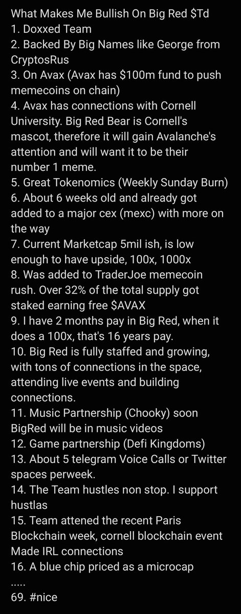 @CRUAnalysis Bruh if you want the #Memecoin2024 MVP its gotta be #BigRed $Td 🔺️ @BigRed_TD here is a few notes i jotted down real quick....