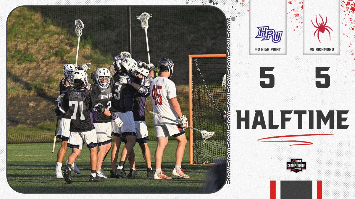 Richmond started fast. High Point responded. We're even at halftime! No. 2 @SpiderMLAX 5, No. 3 @HPUMensLax 5 #A10MLAX