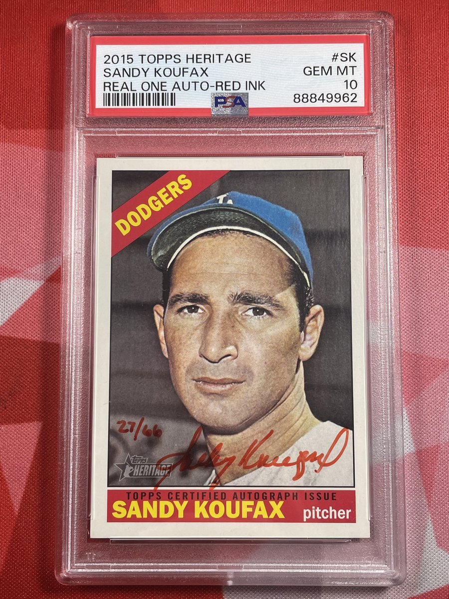 PSA 10 2015 Topps Heritage Sandy Koufax Red Ink Auto /66 This is Koufax’ only Heritage Red Ink card. $3000