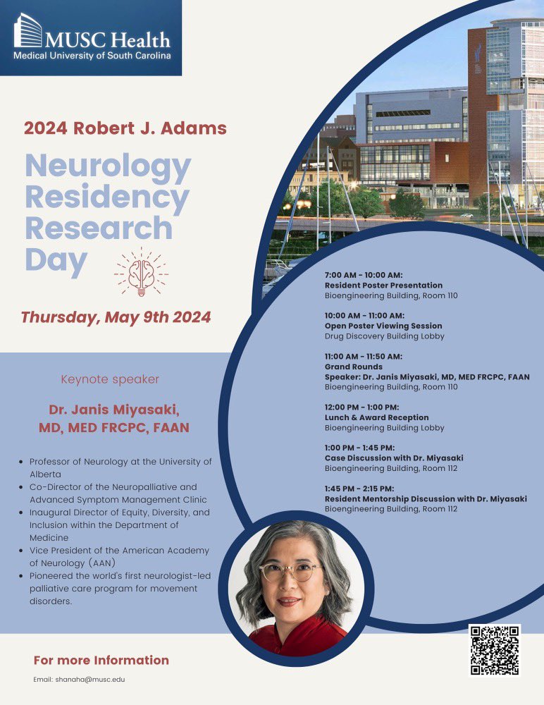 MUSC Neurology (@muscneurology) on Twitter photo We can’t wait to share all of our hard work next week at the 2024 Robert J. Adams Neurology Resident Research day! Thank you to Dr. Janis Miyasaki, MD, MED FRCPC, FAAN for joining us as our keynote speaker; we are so excited to have you! 🧐🧠 <a href="/BrainMDmiyasaki/">Janis Miyasaki</a> <a href="/AANmember/">American Academy of Neurology</a> We can’t wait to share all of our hard work next week at the 2024 Robert J. Adams Neurology Resident Research day! Thank you to Dr. Janis Miyasaki, MD, MED FRCPC, FAAN for joining us as our keynote speaker; we are so excited to have you! 🧐🧠 <a href="/BrainMDmiyasaki/">Janis Miyasaki</a> <a href="/AANmember/">American Academy of Neurology</a>
