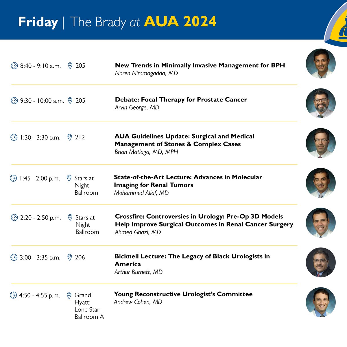 Today's lineup ➡️presentations and sessions w/ our team at #AUA24 including afternoon plenary sessions w/ @allaf_mo & @aghazimd! Stay tuned for today's abstract recaps. Full list of abstracts at bit.ly/JHMatAUA. @arvinkgeorge @AJCuro @lemonrock_MD @AmerUrological