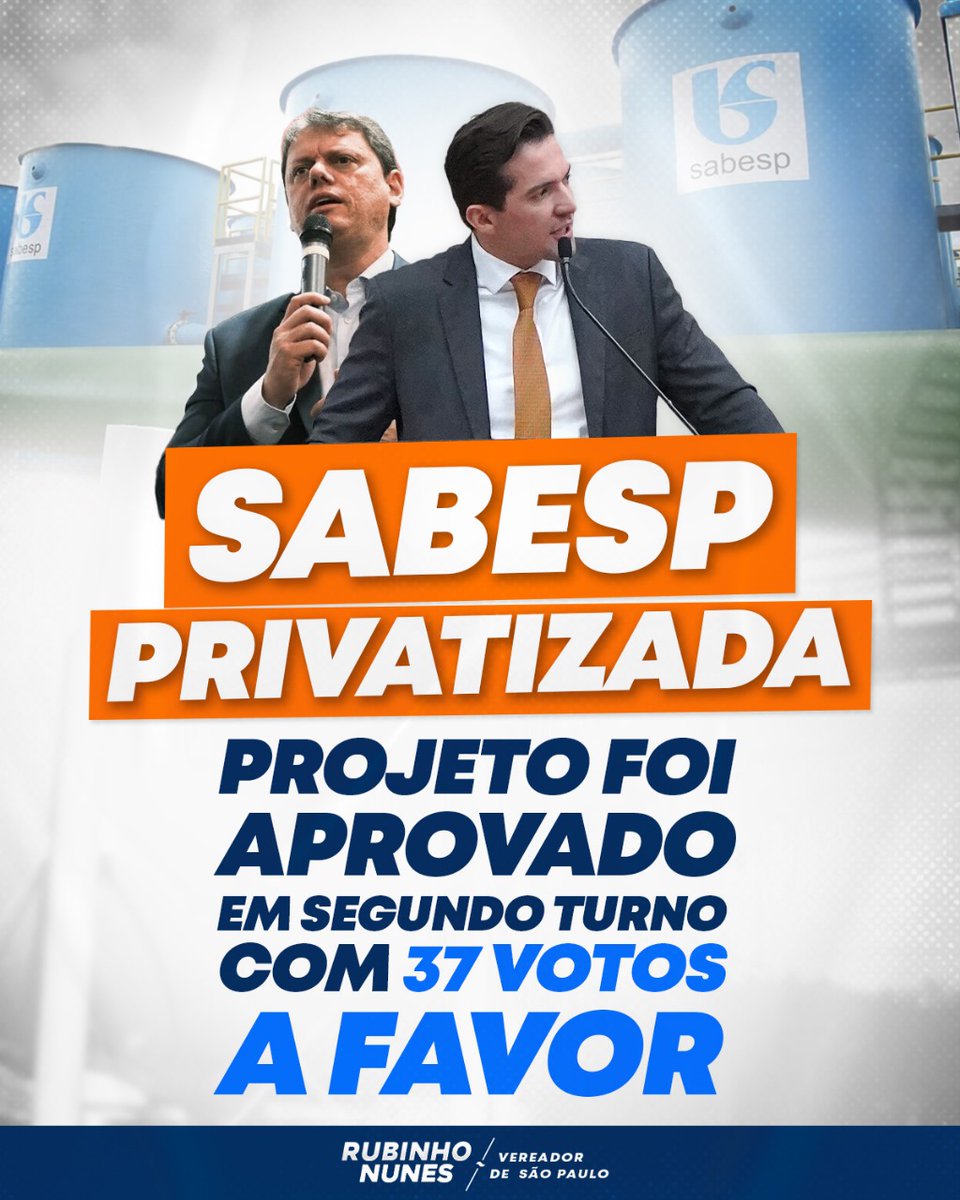 APROVADA A PRIVATIZAÇÃO DA SABESP! 

Triste dia para Boulos e o PSOL. Apesar de todo o boicote feito pela esquerda, conseguimos aprovar a privatização da SABESP aqui na Câmara Municipal de SP. 

Conseguiremos, enfim, tirar a empresa das mãos de sindicalistas e políticos…