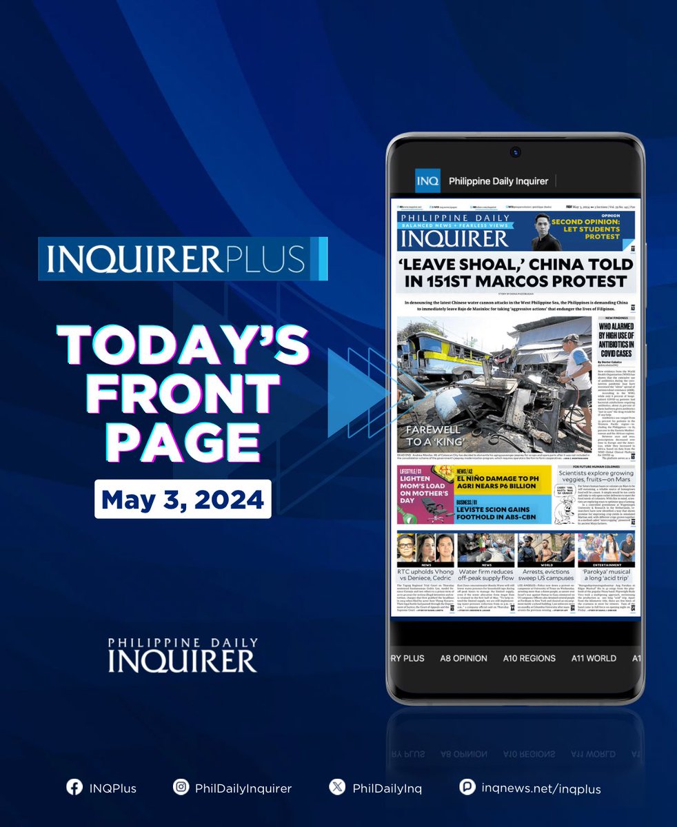 Good morning! Here is today's the Philippine Daily Inquirer front page (May 3, 2024).

Read the digital version: inq.news/inqplus

#PhilippineDailyInquirer #INQPlus