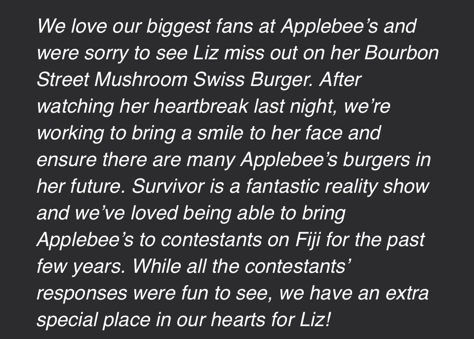 Applebee's CMO Joel Yashinsky’s statement on the viral moment during “Survivor” when Liz erupted in rage over not getting Applebee’s after literally begging for it — an incredible product placement moment for the brand. axios.com/2024/05/02/sur…