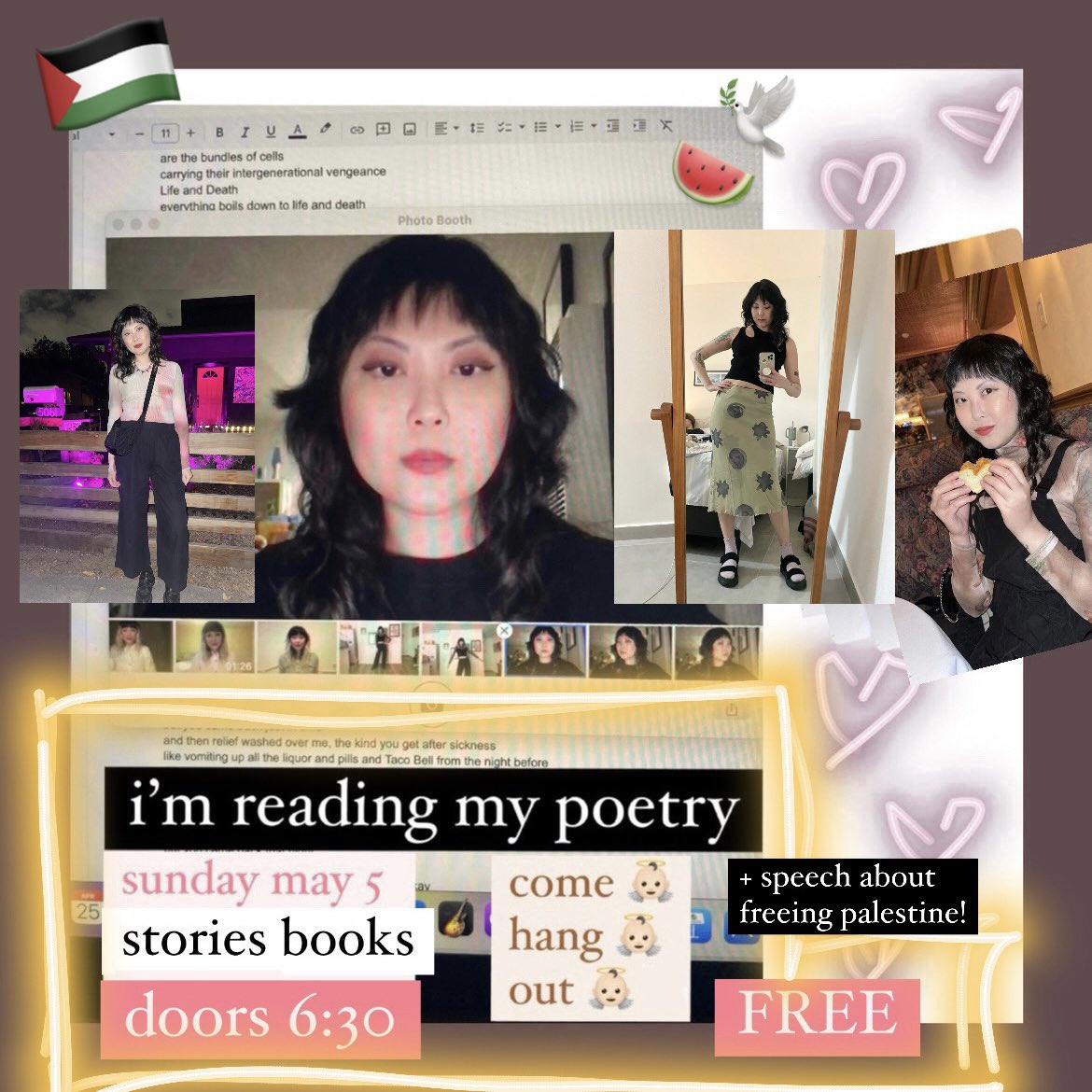 ❗️UPDATED VENUE @StoriesEchoPark // FREE ENTRY (re-post)❗️reading poetry THIS sunday 5/5 ~ info in photo collage ♡👼🏻🪽♡ 🇵🇸i will open with a speech about freeing palestine, as i will do for every live show of which i am a part ✊🏽🕊️🍉