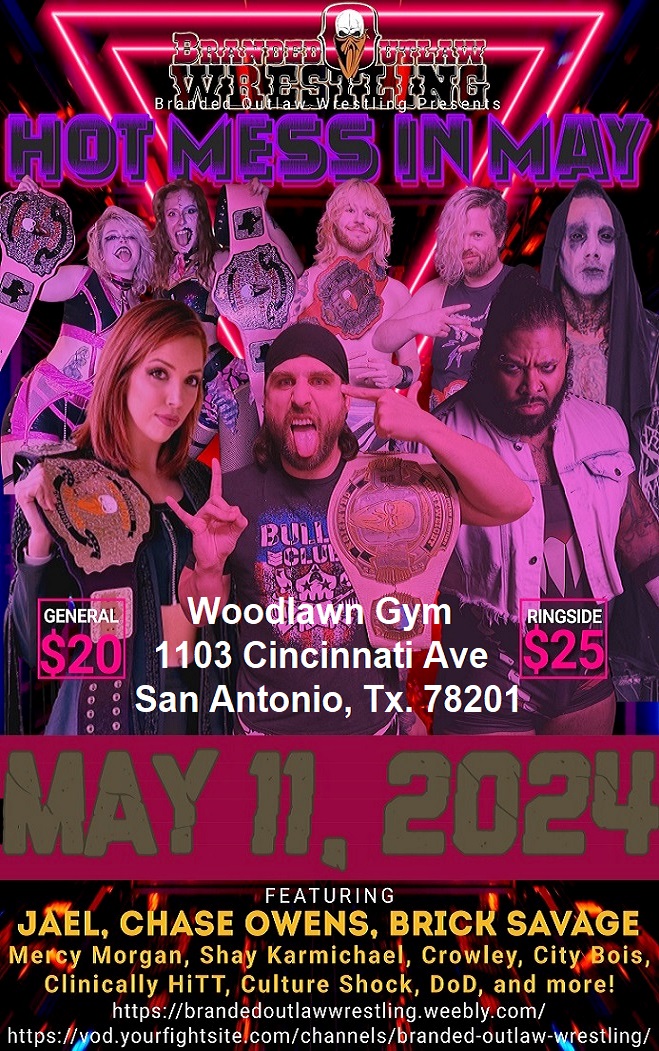 Next show is May 11th, 2024, at Woodlawn Gym, doors open at 6pm! Featuring Chase Owens, Brick Savage, Jael, Culture Shock, Crowley, the City Bois, Dolls of Darkness, Morgan Mercy, Shay Karmichael, and many more! brandedoutlawwrestling.weebly.com