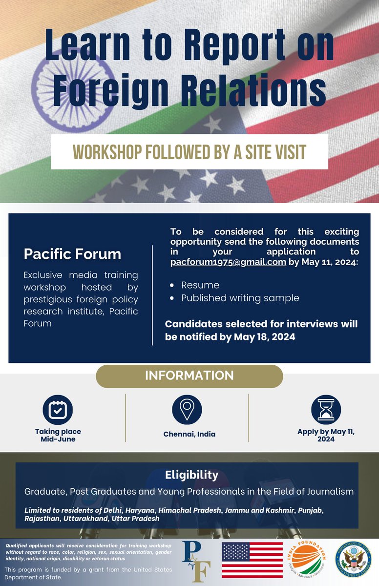 1/ 📝 Attention Indian journalists! 🎓 

Join our Director for Regional Affairs, @Rob_York_79, for an exclusive Emerging Journalist Media Workshop in #Chennai, supported by @indfoundation and the @USAndIndia, in mid-June.