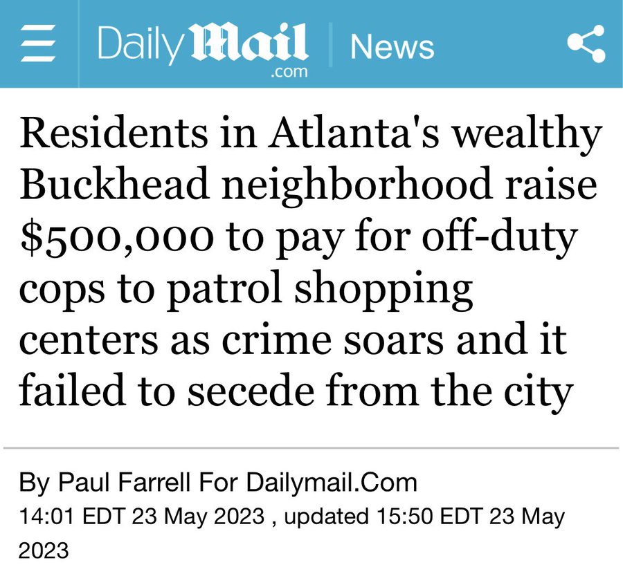 5. Attempts at such separations will likely become more common after St. George's success. Buckhead tried to secede from Atlanta, but failed. Now the residents of Buckhead pour their money into private security to combat the crime they tried to flee from.
