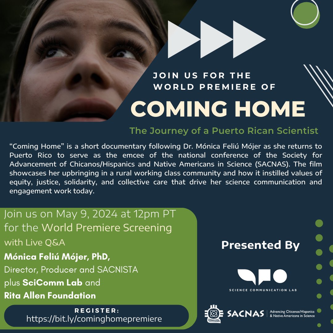Join us for the world premiere screening of 'Coming Home' on May 9, 2024, at 12pm PT! Directed and produced by SACNISTA Dr. Mónica Feliú-Mójer. Register now for an incredible blend of inspiration, science, and professional achievement by visiting the link in our bio.