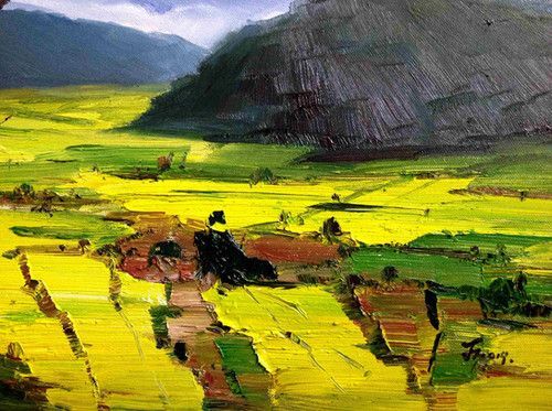 'Rapeseed Flower II' 🔥 (tinyurl.com/msuuz7rc) 👉 Xue Jinyong. Bright colors and beautiful brush strokes come together to create a gorgeous #landscapepainting 🔥 #artonx #fineart #art #contemporaryart