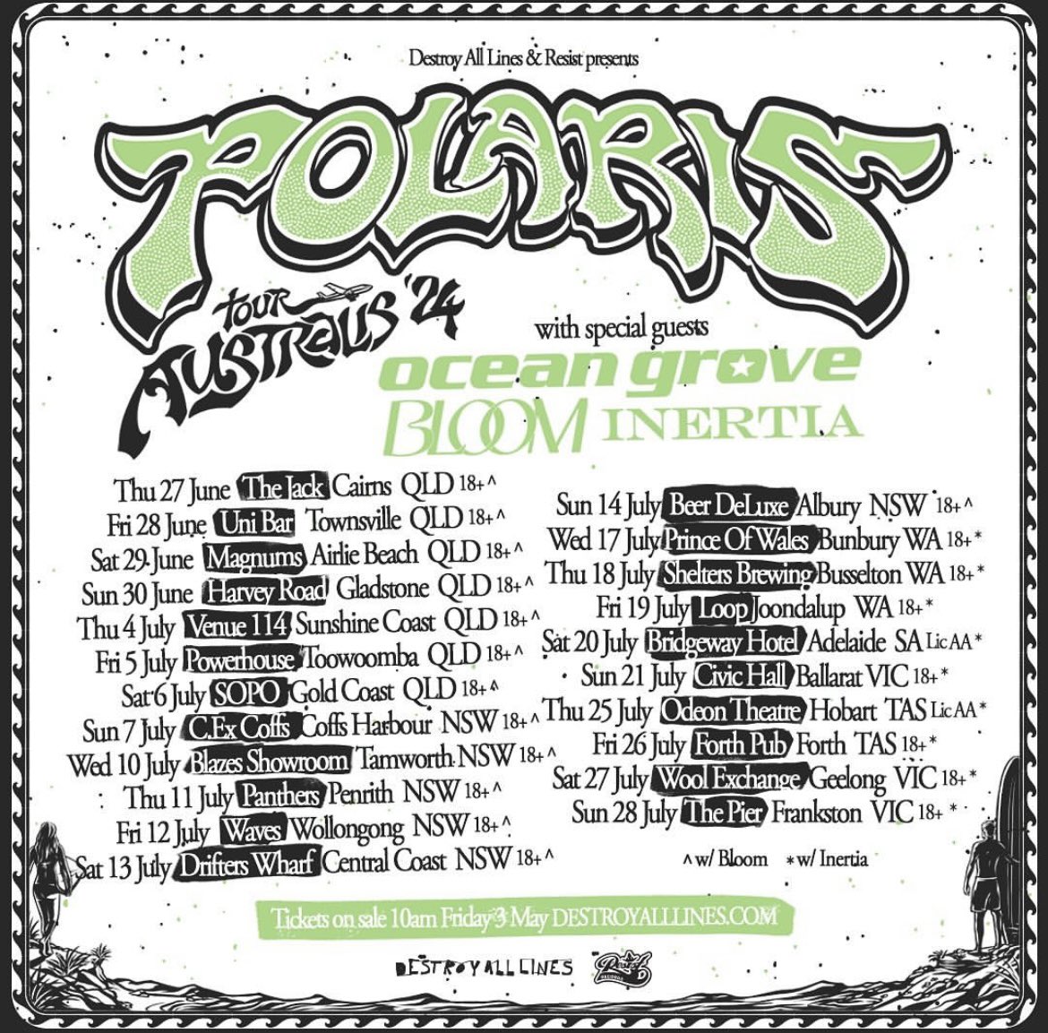 .@PolarisAus are doing a massive Australian regional tour along with @oceangrove , @Bloomsyd and @inertiasydney 👊
The Big 🐨 in Dadswells Bridge even makes the poster, props to @destroyalllines and these bands for bringing their shows to us 🙏
Details ⤵️
theundergroundaustralia.com.au/category/annou…