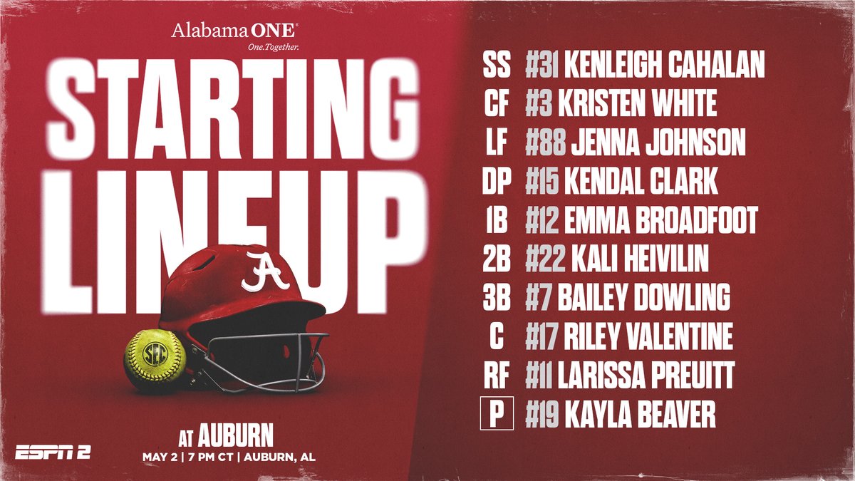 🆚Auburn 📍Auburn, AL ⏰7 p.m. CT 📊bit.ly/3WiZQaG 📻97.5 FM | Varsity App | nick975.com 📺ESPN2 | bit.ly/44iPcTg #Team28 #RollTide