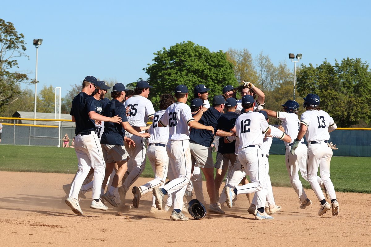 A walkoff story in 4️⃣ pictures. Ethan Giangiulio goes oppo to drive in the game-winning run as @ClarionBaseball gets the come-from-behind win over Slippery Rock, to close out the home slate! 📸: Billie Aguglia