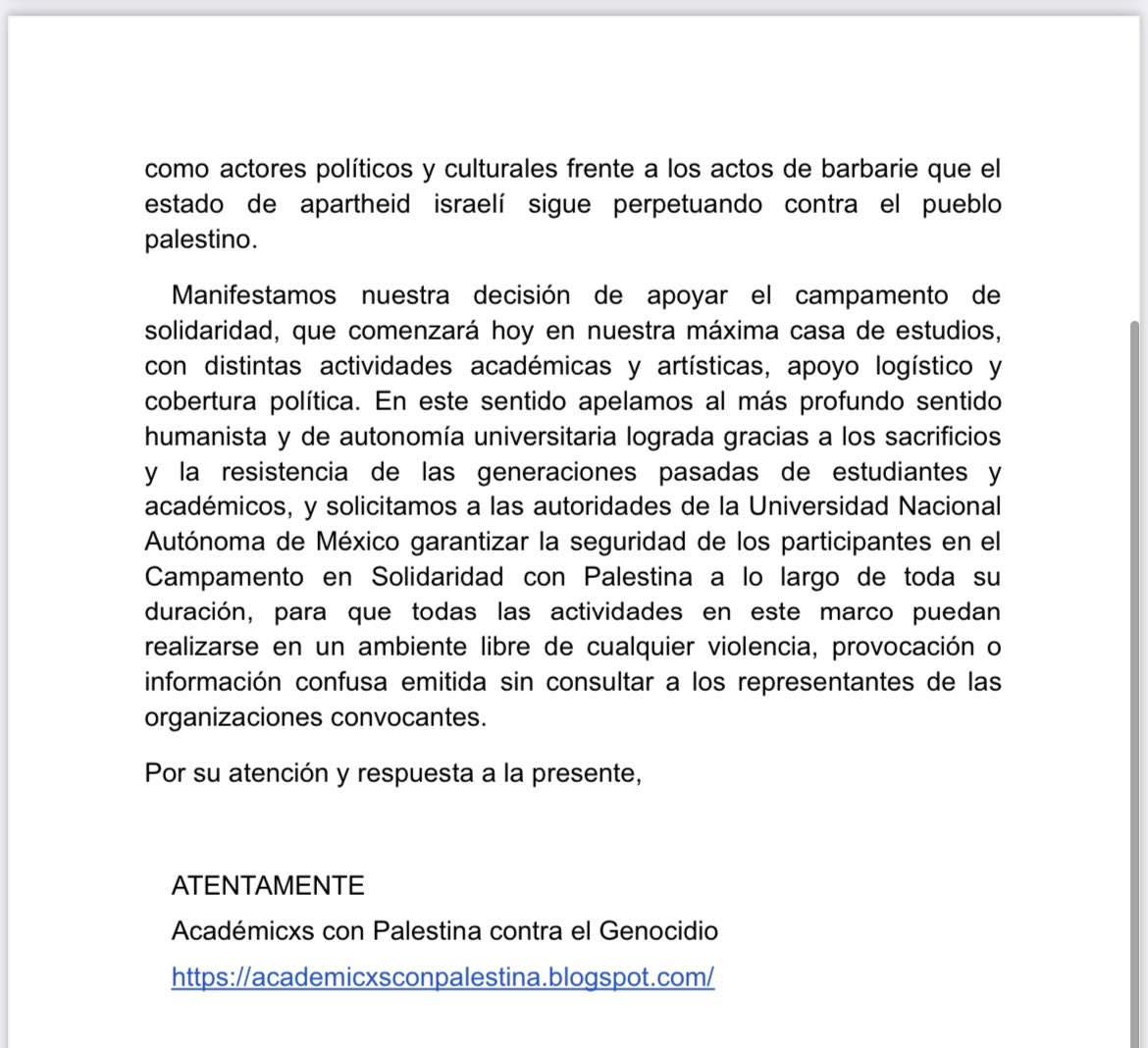 Academicxs de la UNAM, UACM, Colmex, Cide, UAM, UPN, entre muchas otras entidades académicas saludamos la iniciativa estudiantil de la acampada en Ciudad Universitaria en apoyo a Palestina y manifestamos nuestro apoyo como @AcademPalestina a lxs estudiantes. 🙏🏾RT