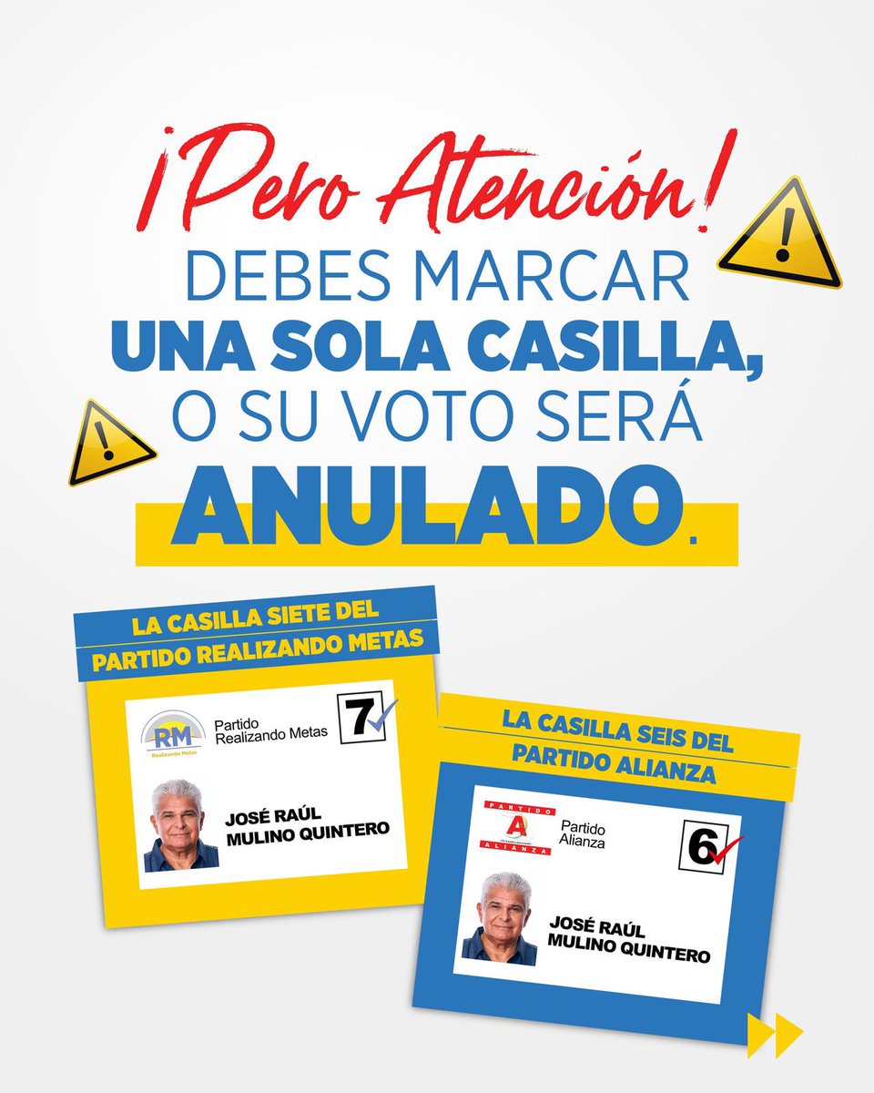 Escoge una sola opción o tu voto será anulado 
VOTA POR <a href="/JoseRaulMulino/">José Raúl Mulino</a> 
7✔️
<a href="/rmartinelli/">Ricardo Martinelli</a>
