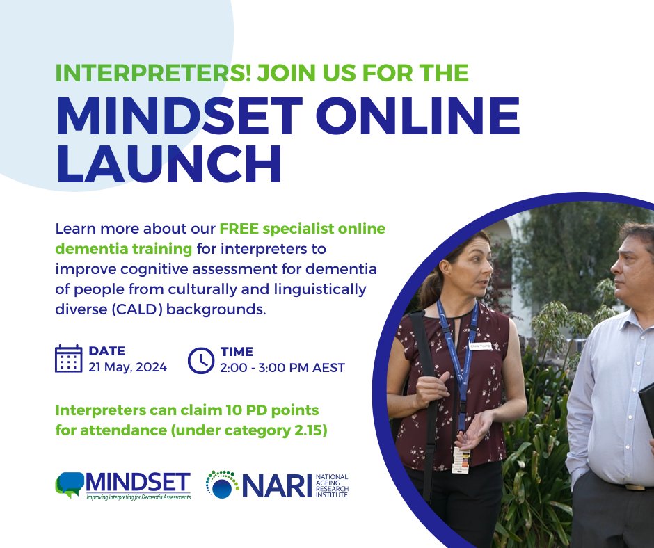 NARI & the MINDSET Team invite you to the launch of the Improving interpreting for dementia assessments (MINDSET) program. This world-first study aims to improve the quality of interpreter communication in cognitive assessments for dementia. Register here: events.humanitix.com/mindset-online…