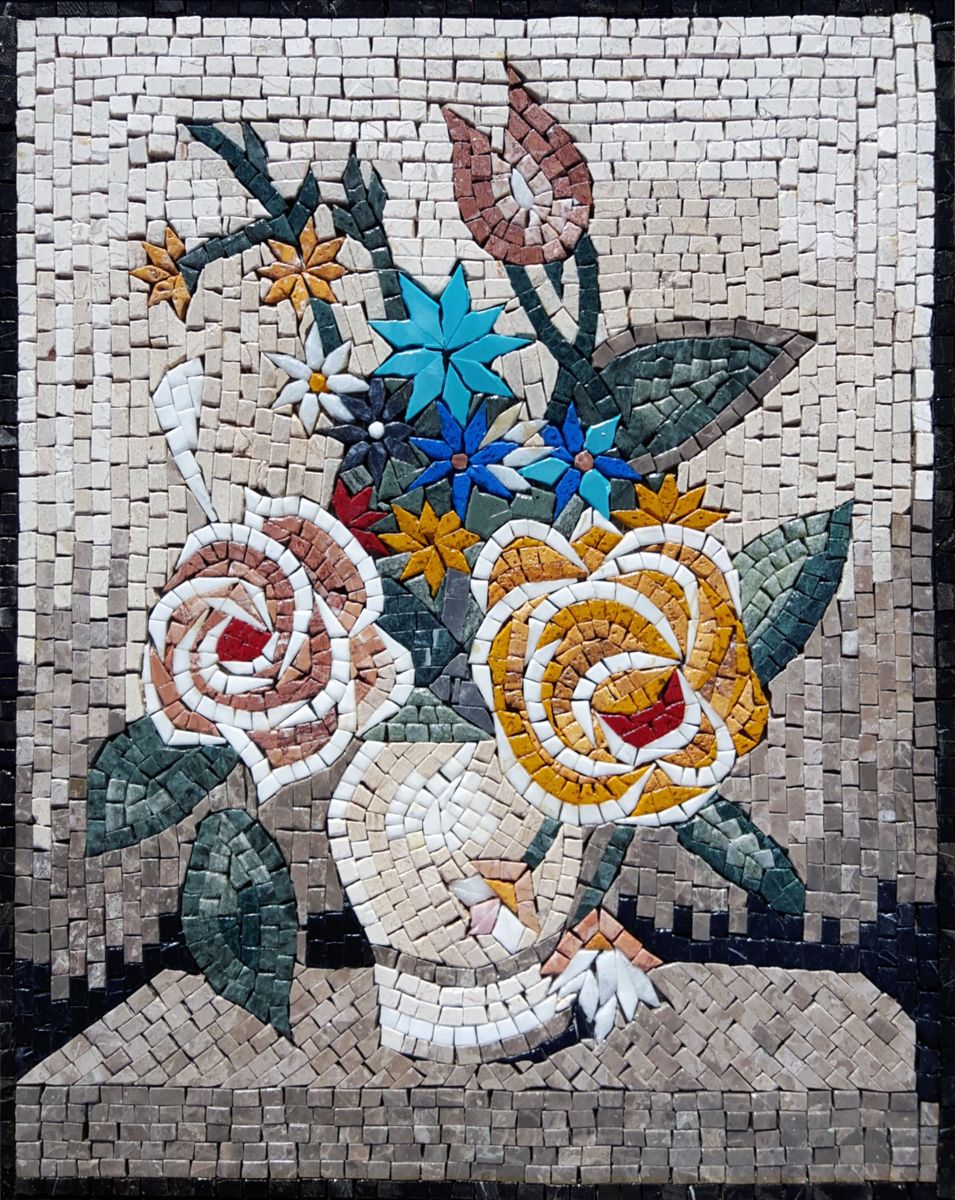 This mosaic depicts a beautiful arrangement of roses and starflowers. Incorporate these colors into your interior design for an exciting color palette. mosaicnatural.com/mosaics/fl009 #mosaic #mosaicart #handcrafted #walldecor #wallart #art #mural #flowerart #livingroomart #calmingart