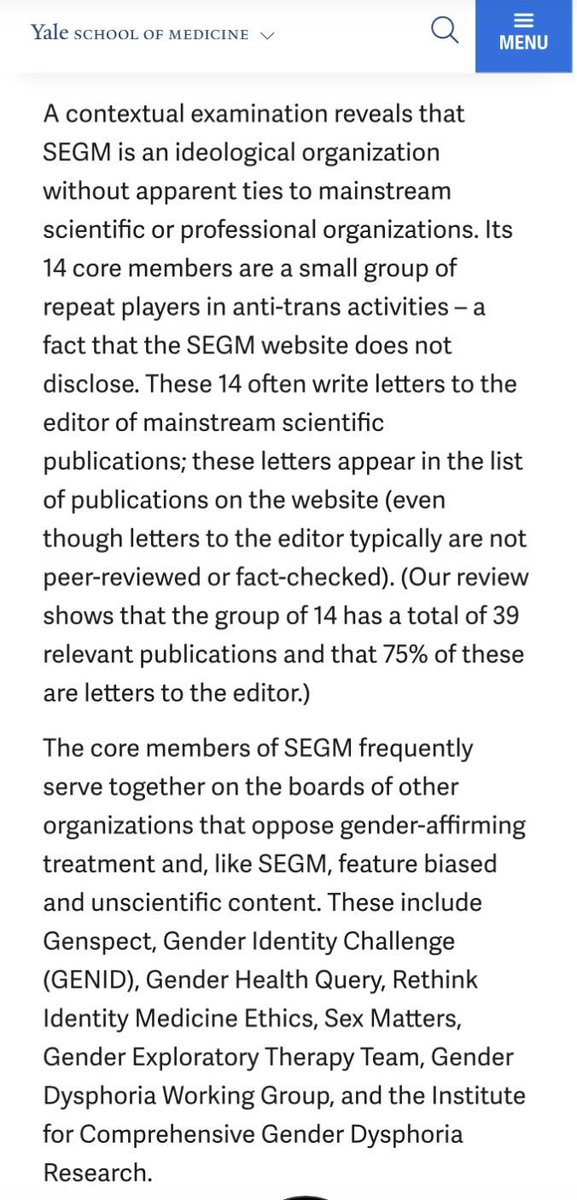 This is what Yale School of Medicine thinks of SEGM.👇 That they have now been shown to have had involvement with @thecassreview demonstrates how determined the parties were to harm trans children’s healthcare.