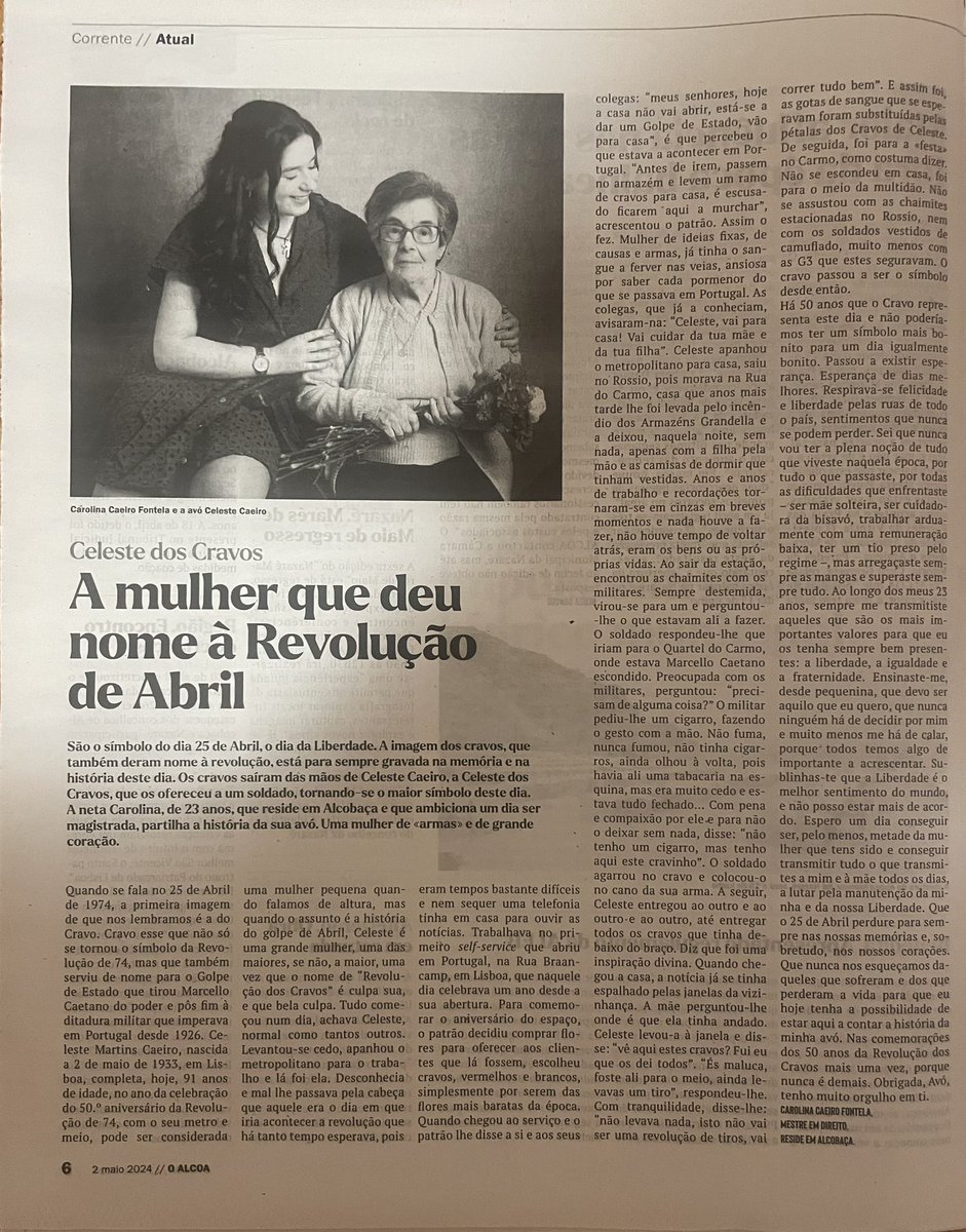 Hoje, 02 de Maio de 2024, no Jornal O Alcôa, um texto escrito por mim, para homenagear o 91° aniversário da minha avó Celeste. 🤍🌹