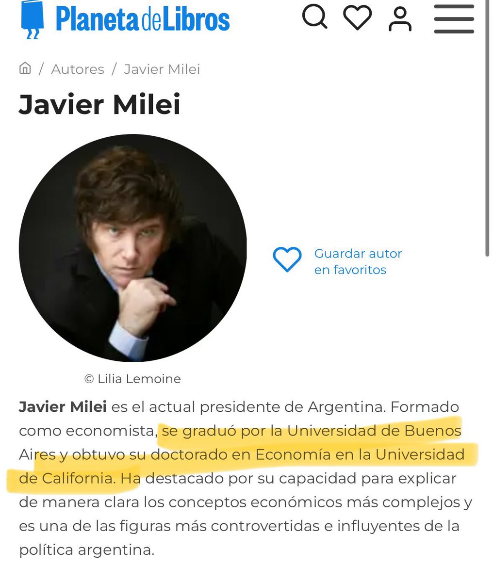 Denosta a la universidad pública, pero Milei en su biografía se pone que es EGRESADO DE LA UBA siendo que se recibió en la Universidad de Belgrano. Que mentiroso, por favor.