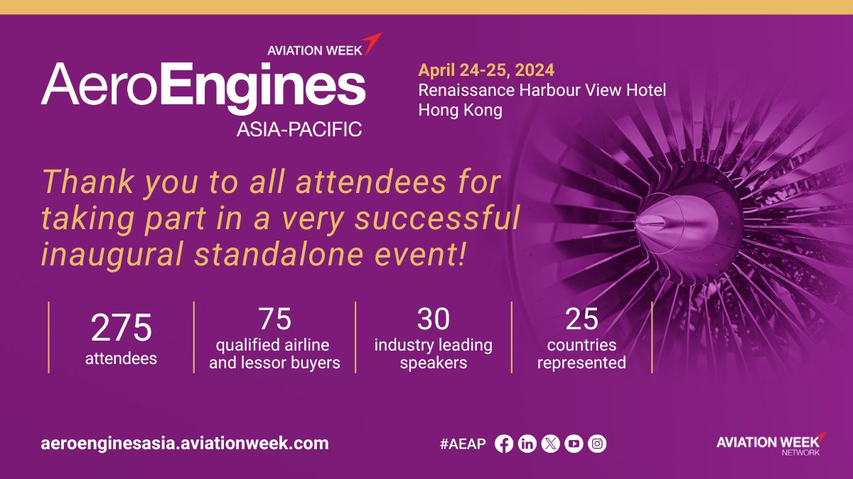 Thank you to all the attendees, speakers, and sponsors of Aero-Engines Asia-Pacific 2024! We made this event successful! We look forward to seeing you at our next conference!✈️ #AEAP #AviationWeek #AeroEngines #Airlines #Aviation #Conference #Engines #AviationIndustry