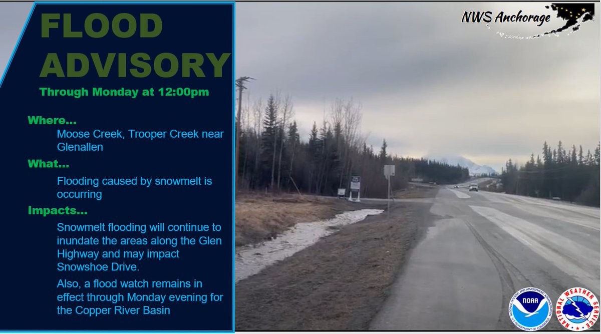 Flooding will inundate areas along the Glenn Highway, and may impact Snowshoe Drive as water flows under the Glenn Highway into Monday afternoon. A flood advisory is in effect through noon Monday. A flood watch remains in effect for the Copper River Basin through Mon. evening.