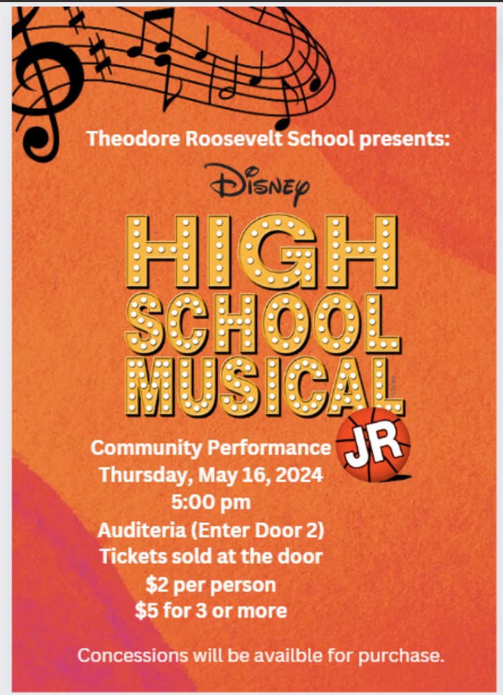 Come out and support the talented students at Theodore Roosevelt School for their High School Musical play on May 16th at 5 pm. Tickets are only $2 and available at the door. Let's cheer them on as they take the stage!🌟