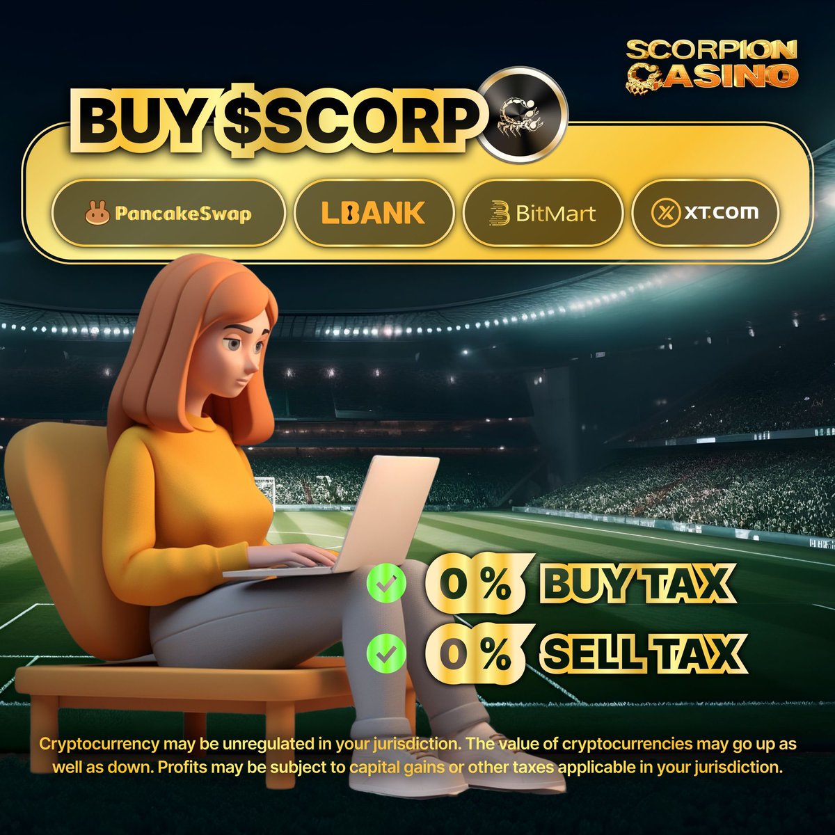 GOLDEN CHANCE TO BUY CHEAP $SCORP 🏆

Buy now in the dip, because when the market moves, you'll regret it! 🧠😱

💲 Buy now on Pancakeswap HERE: 
buff.ly/3UlwSpf

💲 Buy now on Dexview: 
buff.ly/3W3dqiw

🆕 Trade $SCORP on XT now
buff.ly/3JKvvdP