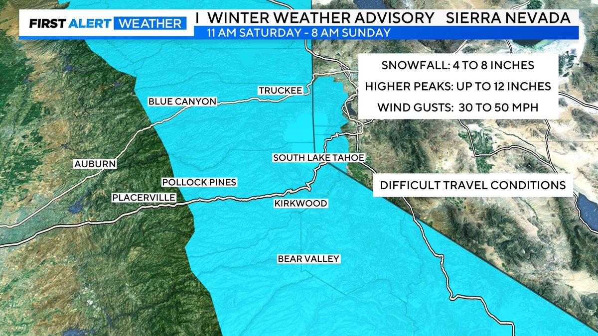 How about a Winter Weather Advisory in the Sierra for the first weekend of May? Several inches of snow and gusty winds will make for difficult travel conditions Saturday and Saturday night...but I'm sure the ski resorts are thrilled about the mid-spring fresh powder! #CAwx