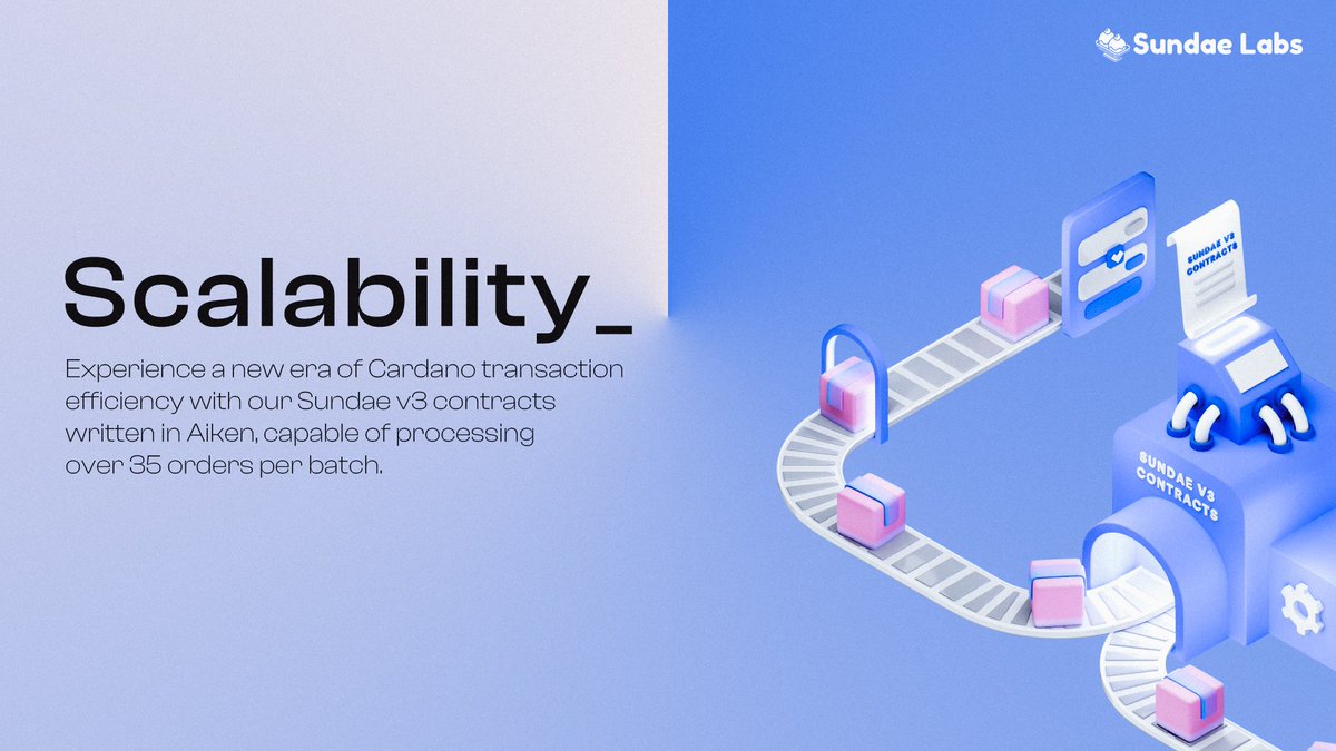 Get ready for a massive 10x transaction processing speed increase with Sundae V3! It's built to scale, and with scale, comes lower fees, too. We're just under a week away from Mainnet launch and we can't wait! 🚀