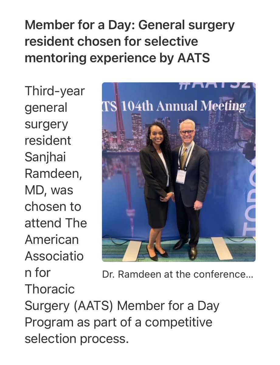 Geisinger General Surgery Residency (@geisingersurged) on Twitter photo Very proud of pgy3 resident <a href="/SanjRamdeen/">Sanjhai Ramdeen, MD, MS</a> who was selected to be <a href="/AATSHQ/">AATS</a> member for a day at the 104th annual meeting in Toronto. Cannot wait to see all that she is able to accomplish in her research years at <a href="/UMichSurgery/">Michigan Surgery</a>! Very proud of pgy3 resident <a href="/SanjRamdeen/">Sanjhai Ramdeen, MD, MS</a> who was selected to be <a href="/AATSHQ/">AATS</a> member for a day at the 104th annual meeting in Toronto. Cannot wait to see all that she is able to accomplish in her research years at <a href="/UMichSurgery/">Michigan Surgery</a>!