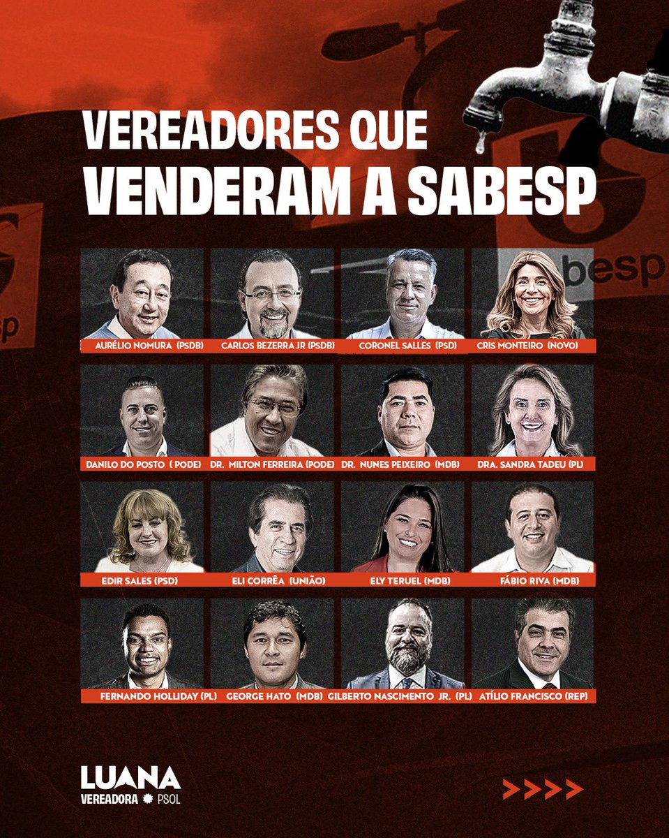 luanapsol's tweet photo. Esses são os 37 vereadores que acabaram de aprovar a Privatização da Sabesp na Câmara de São Paulo. As eleições são em Outubro, lembre desses nomes.

Iremos judicializar essa votação ILEGAL. Não está acabado! https://t.co/rZbPffLXFF