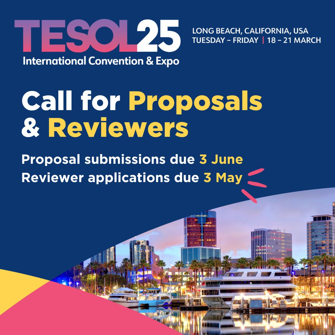 🚨 REMINDER! 3 May is the LAST DAY to apply to be a reviewer for the #TESOL2025 convention! #ELT professionals and those in related fields/areas are invited to apply to present sessions and PCIs at the #TESOL2025 in Long Beach, CA, on 18-21 March!