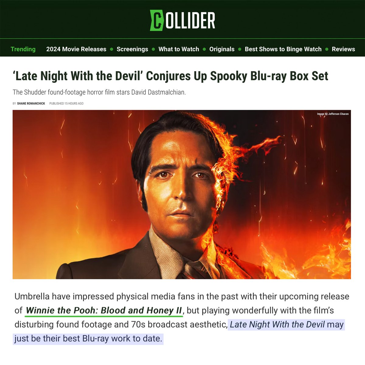 Thrilled to see our release of LATE NIGHT WITH THE DEVIL showcased on @Collider and the awesome reaction from our fans! We love to see Australian films thrive and this one is blazing a hot path for many other Aussie genre flicks.