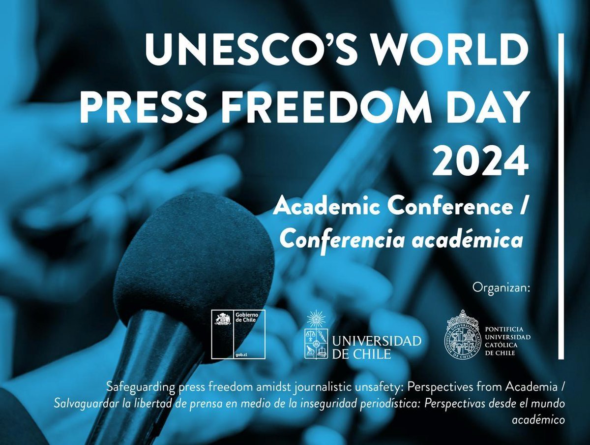 Este SÁBADO 4 de mayo, conferencia académica UC - Uchile - Unesco 'Salvaguardar la libertad de prensa en medio de la inseguridad periodística: Perspectivas desde el mundo académico' por el Día de la Libertad de Prensa en Casa Central Uchile. Detalles en: uchile.cl/u215814