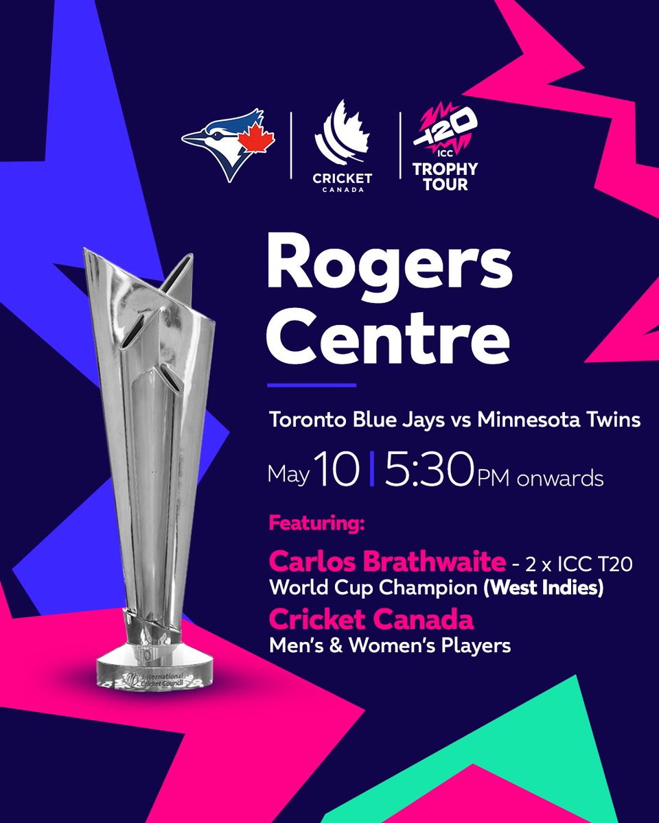 🏏✨ @BlueJays Cricket Night is back at Rogers Centre on May 10! Join us for the @t20worldcup Trophy Tour, meet champ Carlos Brathwaite & support Team Canada as they gear up for the World Cup. Get your tickets now! ➡️ bit.ly/4dqN0xa #Cricket #T20WorldCup #TOTHECORE