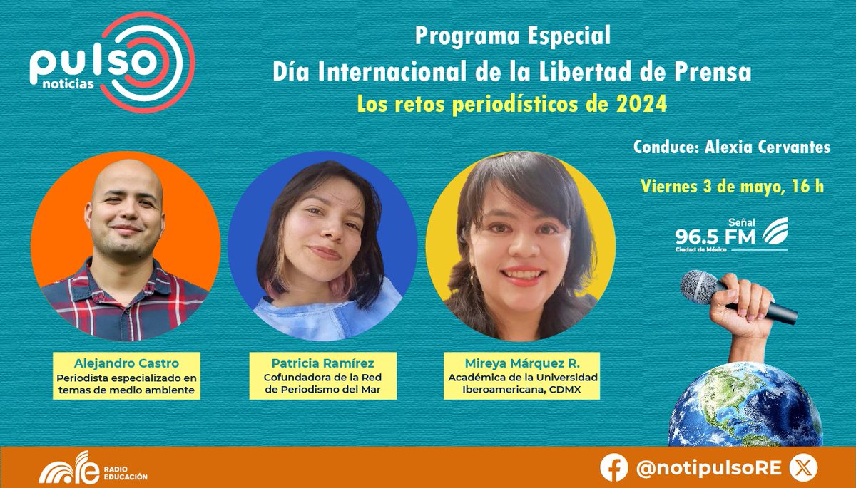 En el marco del #DíaLibertadDePrensa 🎙️ conoce los riesgos informativos de las/os periodistas y defensoras/es del medio ambiente en nuestro programa especial. 👉 @alexia_radio conversará con los especialistas: @AlexCastroFlo, Patricia Ramírez y @Miremara ⏰ Mañana, 16 h