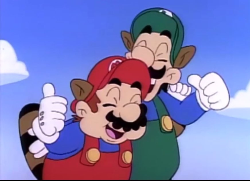 Mario & Luigi celebrating defeating King Koopa once again. - The Adventures of Super Mario Bros. 3