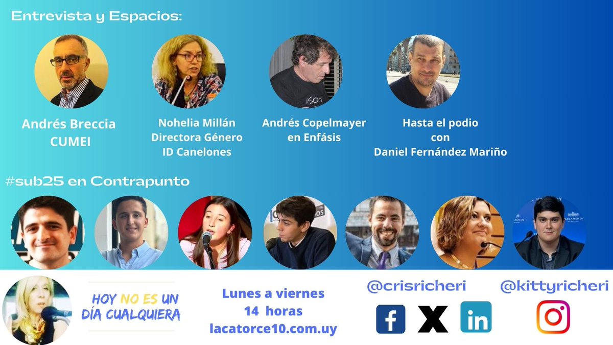 14 hs 🎧 lacatorce10.com.uy

La #sub25 en Contrapunto  
<a href="/PiluSimon11/">Pilar Simon</a> , <a href="/EspacioPais_Uy/">Espacio País</a> 
<a href="/uruguaynuestro/">inti</a> , <a href="/Seregnistas95/">Seregnistas</a> 
<a href="/SaloMiraldo/">Salomé Miraldo</a>  , <a href="/creceuy/">CRECE</a> 
@sebahagobian <a href="/vamosxesa/">Espacio 99000</a> 
<a href="/LucioALeiva/">Lucio Agustín Leiva</a> , <a href="/movporlapatria/">Por La Patria</a> 
<a href="/gncastillop/">Gaston Nicolás Castillo</a> , <a href="/AlternativaFA/">Alternativa Frenteamplista</a> 
<a href="/RevetriaGabriel/">Gabriel Revetria</a> , <a href="/EspacioPais_Uy/">Espacio País</a>