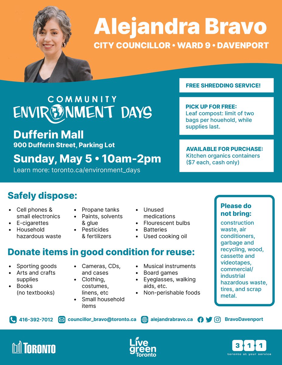 Join us for our #DavenportTO Community Environment Day on Sunday from 10AM-2PM at Dufferin Mall! Safely dispose of e-waste + household hazardous waste, donate items for reuse, get free compost and use the confidential shredding service. 🌎 Learn more: toronto.ca/environment_da…