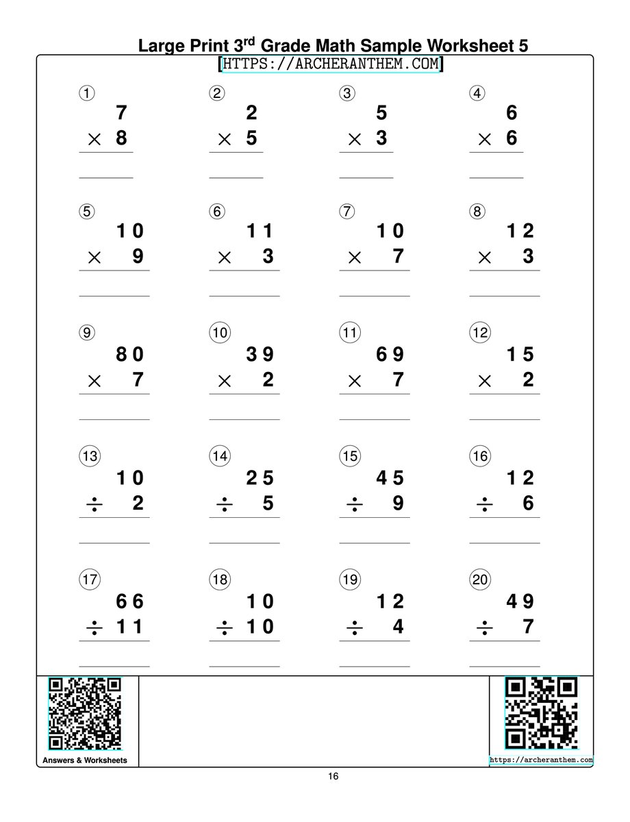 Large Print 3rd Grade Math Multiplication & Division Worksheet Sample [ARCHERANTHEM.COM]
Designed for Children with Low Visibility.
Scan QR or click the link for  samples and answers.
archeranthem.com/workbooks/larg…

#homeschool #math #largeprint #lowvision #SightLoss