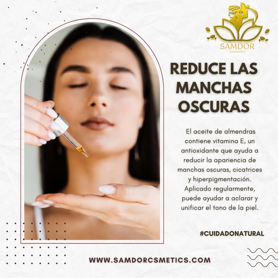 Reduce las manchas oscuras: El aceite de almendras contiene vitamina E, un antioxidante que ayuda a reducir la apariencia de manchas oscuras, cicatrices y hiperpigmentación. Aplicado regularmente, puede ayudar a aclarar y unificar el tono de la piel.

#foryou #cuidadodelapiel