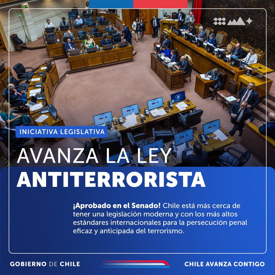 🟢Esta tarde, la Sala del @Senado_Chile aprobó la reforma a la Ley Antiterrorista. El proyecto ahora es despachado a la @Camara_cl para su segundo trámite constitucional. 

Seguimos avanzando en una mejor legislación que permita reforzar la seguridad en Chile. 

#MásSeguridad