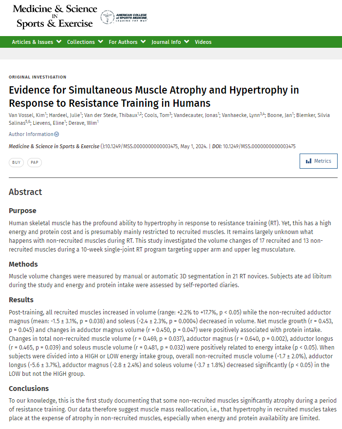 Resistance training grows muscle. But what happens to the untrained muscles? Turns out some might actually decrease in size. Cool study showing growth in trained muscles may come at the expense of atrophy in untrained ones - particularly when energy and protein intake are low.…