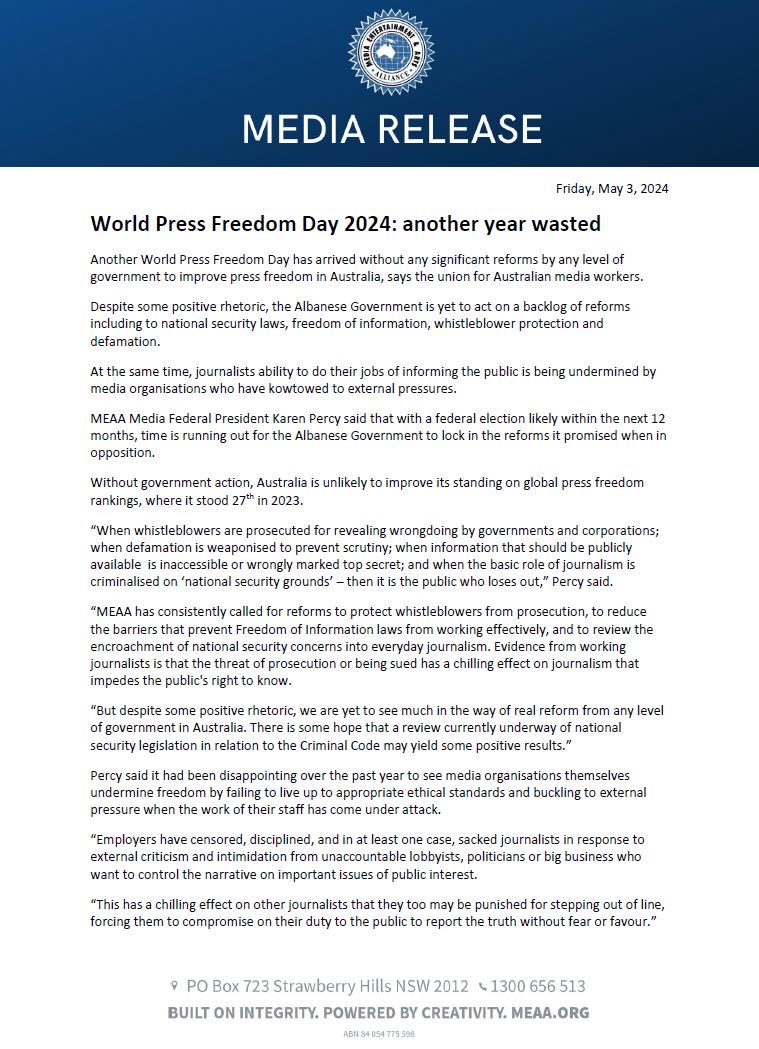 Another World Press Freedom Day has arrived without any significant reforms by any level of government to improve #pressfreedom in Australia. meaa.org/mediaroom/worl… #MEAAmedia #LetHimGoJoe #NoFearNoFavour