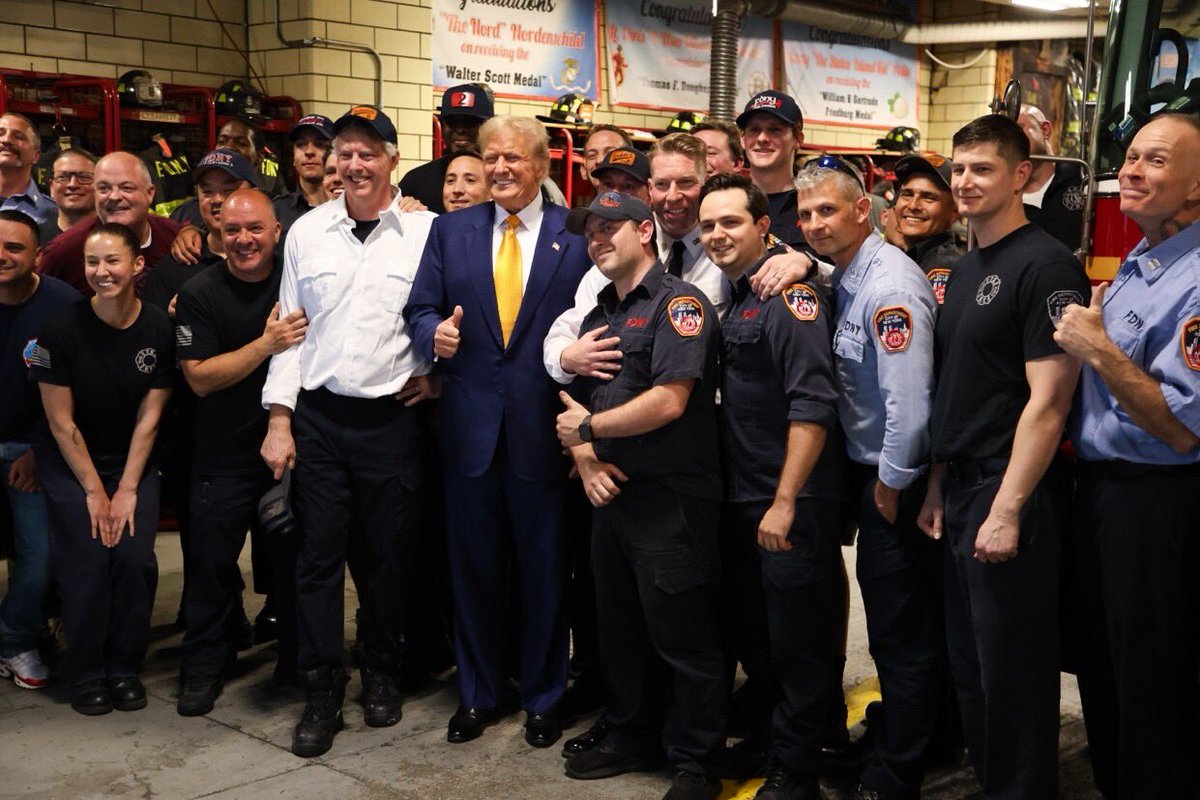 JUST IN: Firefighters in Manhattan where Trump is being tried by Alvin Bragg show him love. It seems the trials are helping him rather than damaging him, just saying!